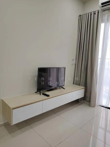 Living features: light beige painted walls, white cabinetry TV console, flat-panel TV, remote control, floor-to-ceiling windows, sheer curtains, wall-mounted air conditioning unit, glossy tile flooring; style: modern; view: city.