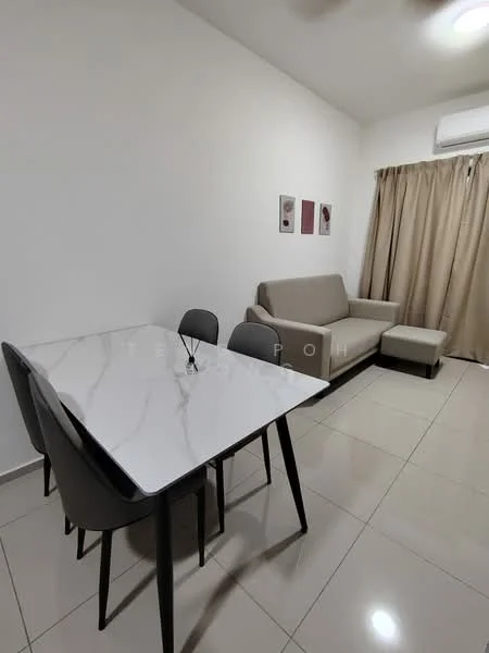 Living features: grey fabric sofa, single ottoman, 4-seater dining table with marble top, black dining chairs, white painted walls, cream curtains, floor tiles, wall-mounted air conditioning unit, recessed lighting; style: modern.