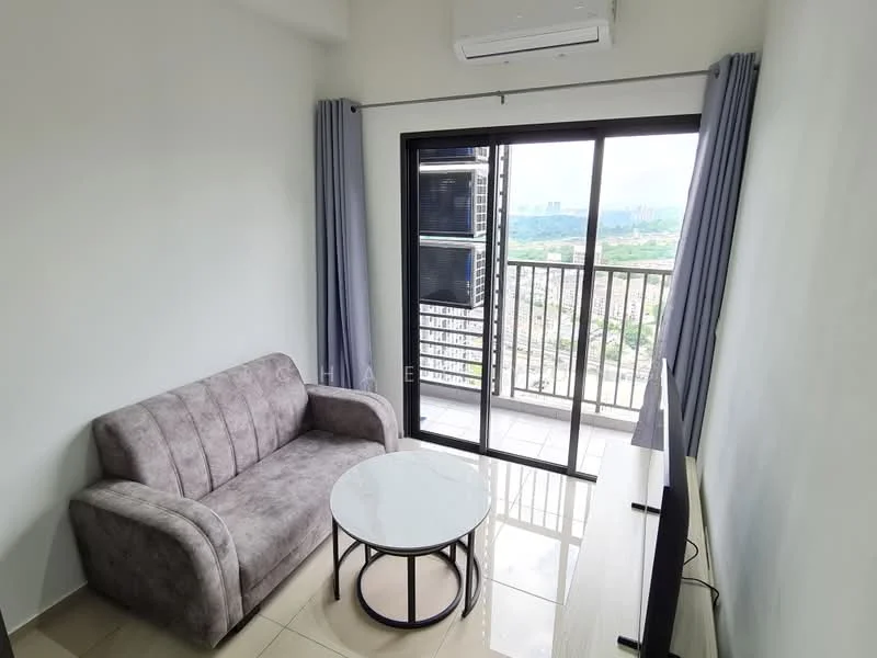 Living features: 3-seater fabric sofa in grey, round coffee table with marble top, floor-to-ceiling windows, sliding glass door, curtains in light grey, wall-mounted TV, air conditioning unit, tile flooring, neutral painted walls; style: modern; view: city.