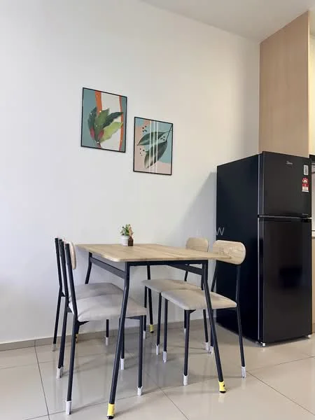 Dining features: 4-seater dining table with wooden top, metal legs on dining table, 4 upholstered dining chairs in beige, black refrigerator, white painted walls, tile flooring, framed artwork on walls, small potted plant on table; style: modern.