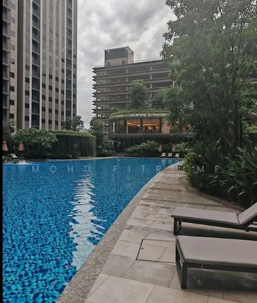 Exterior type: high-rise condominium; features: infinity pool, pool deck with loungers, landscaped garden with greenery, surrounding tall buildings, modern architecture, outdoor seating area; style: modern.