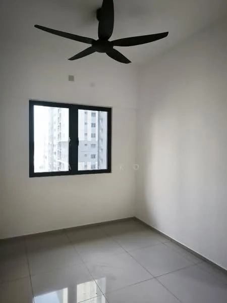 Room features: white painted walls, grey tile flooring, 5-blade ceiling fan, floor-to-ceiling window, black window frame; style: modern; view: city.