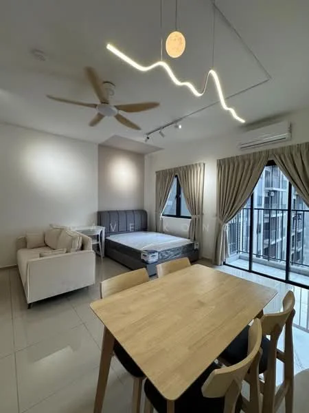 Living features: 5-blade ceiling fan with light, sofa in light fabric, coffee table, dining table with chairs, floor-to-ceiling windows, curtains, recessed downlights, light-colored walls, tile flooring, balcony access; style: modern; view: city.