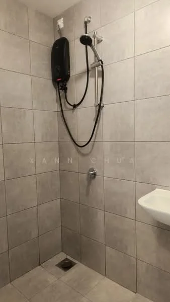 Bathroom features: grey ceramic tile walls, grey ceramic tile flooring, shower with handheld showerhead, wall-mounted shower mixer, built-in shower drainage, wall-mounted water heater, small wall-mounted sink, chrome faucet; style: modern.