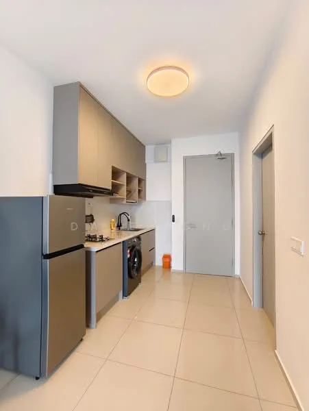 Kitchen features: grey cabinetry, white tiled backsplash, stainless-steel fridge, built-in gas stove, stainless-steel sink, chrome pull-down faucet, black washing machine, light-colored tile flooring, recessed ceiling light, open shelving, wall-mounted cabinets; style: modern.