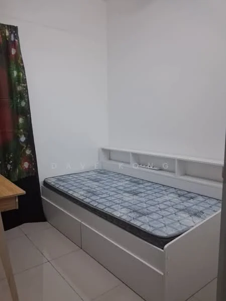Bedroom features: single bed, mattress on bed frame, white bed frame with storage drawers, white painted walls, tiled flooring, curtains with a colorful pattern, wooden table, shelf above bed; style: minimalist.