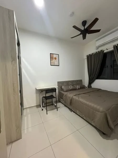 Bedroom features: queen-size bed with beige bedding, upholstered headboard, study desk with black chair, built-in wardrobe with sliding doors, floor-to-ceiling window, curtains, ceiling fan, white painted walls, tile flooring, framed artwork on wall, air conditioning unit; style: modern.