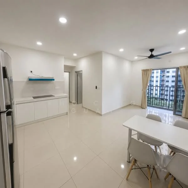Living features: white painted walls, glossy ceramic tile flooring, 5-blade ceiling fan with light, floor-to-ceiling windows, sliding glass door, beige curtains, white dining table, 4 white dining chairs, stainless-steel fridge, kitchen countertop with sink, wall-mounted shelf, open layout; style: modern; view: garden.