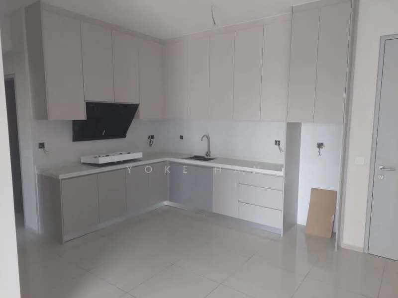 Kitchen features: light grey cabinetry, white countertop, single-bowl stainless-steel sink, chrome pull-down faucet, built-in gas hob, black wall-mounted range hood, ceramic tile flooring, white walls, recessed downlights, open shelving, no visible appliances; style: modern.