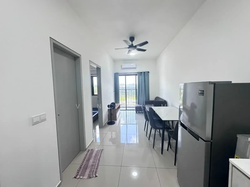 Living features: white painted walls, glossy tile flooring, 5-blade ceiling fan with light, floor-to-ceiling windows, sliding glass door, grey curtains, black dining table with chairs, stainless-steel fridge, sofa, area rug; style: modern; view: city.