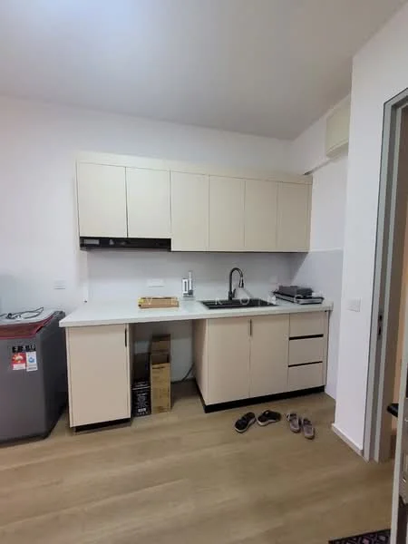 Kitchen features: light beige cabinetry, white countertop, single-bowl stainless-steel sink, chrome pull-down faucet, built-in stove with hood, refrigerator, wooden flooring, wall-mounted air conditioning unit; style: modern.