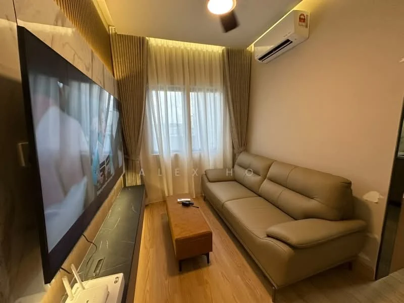 Living features: 3-seater leather sofa in beige, wooden coffee table, wall-mounted TV, TV console, floor-to-ceiling window with sheer curtains, wall-mounted split AC, light-colored walls, laminate flooring, recessed downlights, decorative wall paneling; style: modern.