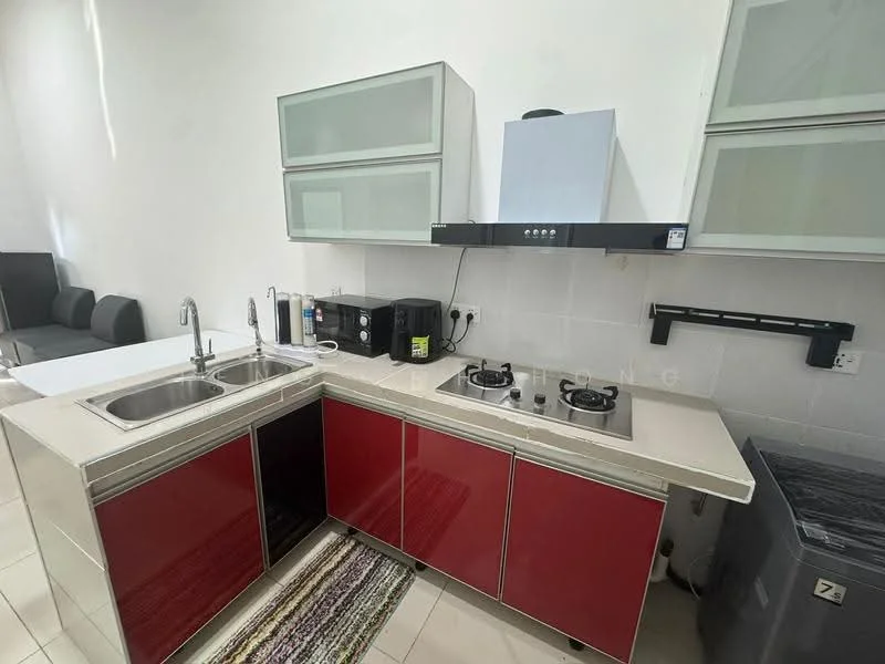Kitchen features: double-bowl stainless-steel sink, chrome pull-down faucet, stainless-steel range hood, 2-burner gas hob, red cabinetry with glass fronts, white countertop, built-in microwave, black coffee machine, grey washing machine, tile backsplash, recessed lighting, open shelving; style: modern.
