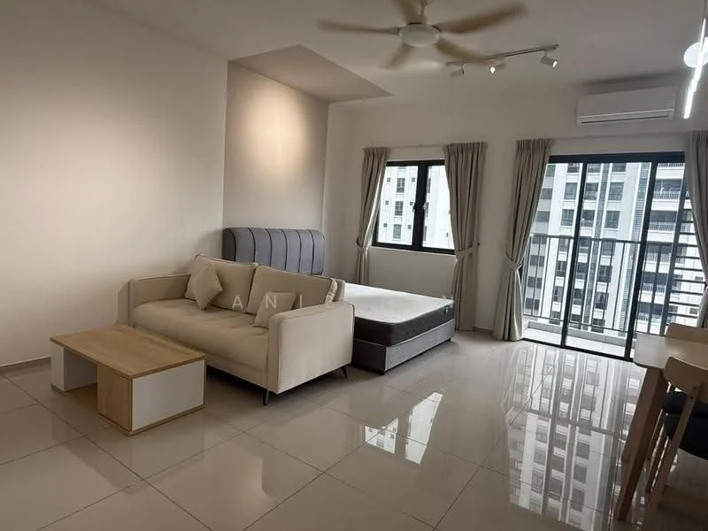 Living features: 3-seater fabric sofa in beige, coffee table with wooden top, queen-size bed with grey upholstered headboard, floor-to-ceiling windows, curtains in light beige, recessed downlights, ceiling fan, polished ceramic tile flooring, air conditioning unit on wall; style: modern; view: city.
