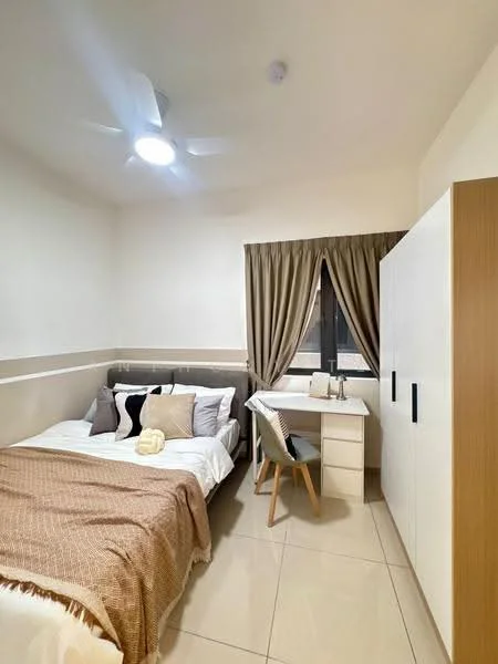 Bedroom features: queen-size bed with beige throw blanket, upholstered headboard, 2 bedside pillows, wooden study desk, white wardrobe with black handles, floor-to-ceiling window, curtains in beige, ceiling fan with light, glossy tile flooring, decorative wall paneling; style: modern.