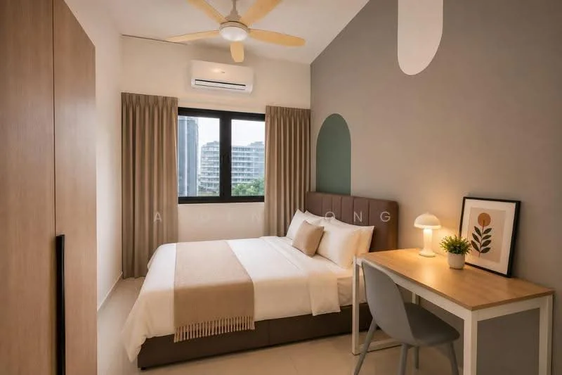 Bedroom features: queen-size bed with upholstered headboard, bedside lamp, study desk with chair, floor-to-ceiling window, curtains, light-colored walls with accent wall, ceiling fan, air conditioning unit, tile flooring, decorative wall art; style: modern; view: city.