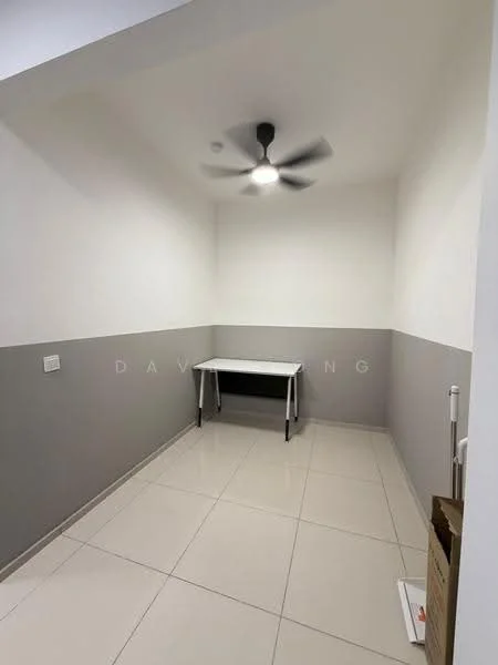 Room features: white painted walls, grey accent wall, tile flooring, ceiling fan, table, corner space, light fixture; style: modern.
