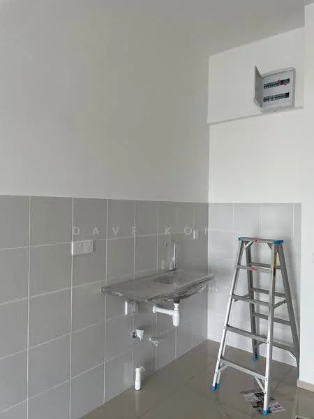 Laundry features: white painted walls, grey ceramic tile cladding, light grey floor tiles, sink with plumbing, wall-mounted electrical panel, step ladder, plastic covering on countertop.