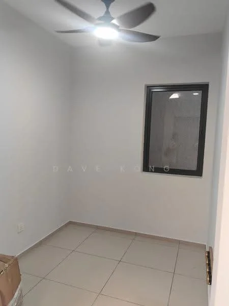 Room features: white painted walls, tile flooring, ceiling fan with light, window with black frame, light fixture, corner of a box or furniture visible.