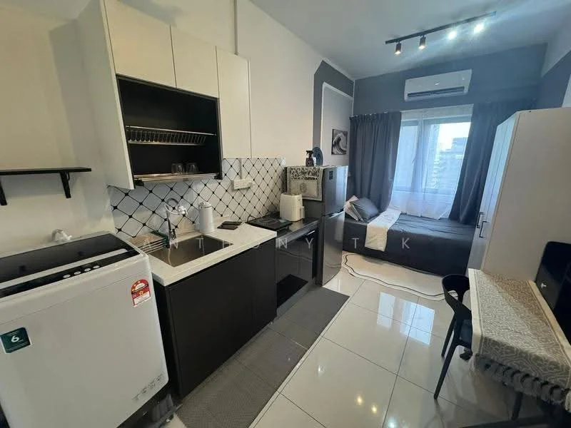 Kitchen features: white cabinetry, black countertops, stainless-steel sink, chrome pull-down faucet, built-in stove, microwave, black refrigerator, washing machine, white tiled backsplash, grey floor tiles, window with sheer curtains, recessed downlights, open shelving, black dining chair, small dining table; style: modern; view: city. Bedroom features: single bed, grey bedding, window with sheer curtains, wall-mounted air conditioning unit, black bedside table; style: modern; view: city.