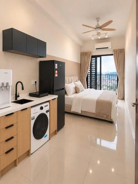 Room features: queen-size bed with upholstered headboard, 2 bedside lamps, wall-mounted TV, ceiling fan with light, wall-mounted split AC, white painted walls, cream tiled flooring, black refrigerator with water dispenser, built-in kitchen cabinetry in light wood, single-bowl stainless-steel sink, front-load washing machine, countertop with white surface, curtains on windows, floor-to-ceiling windows with city view; style: modern; view: city.