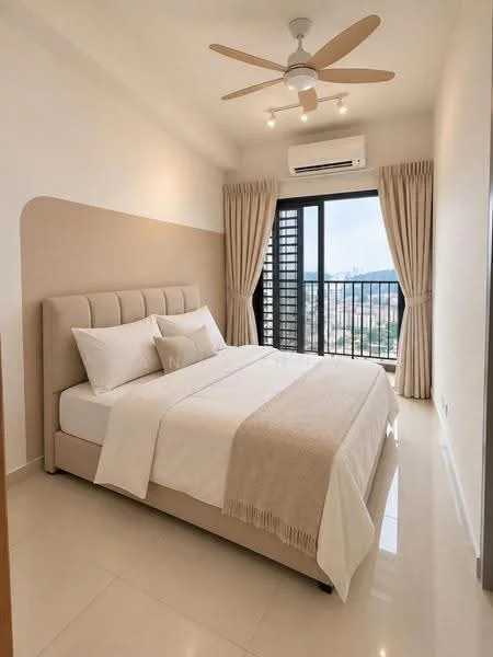 Bedroom features: king-size bed with upholstered headboard, white bedding with beige throw, floor-to-ceiling windows, curtains in light beige, 5-blade ceiling fan with light, wall-mounted split AC, cream painted walls, tile flooring, decorative wall panel, nightstand with lamp; style: modern; view: city.