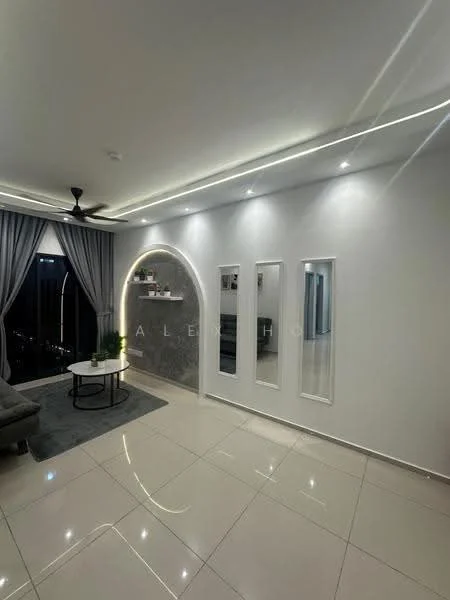 Living features: grey fabric sofa, round coffee table, area rug, white painted walls, recessed LED downlights, 5-blade ceiling fan with light, floor-to-ceiling windows, curtains, decorative wall arch, mirrored wall decor, glossy tile flooring; style: modern; view: city.