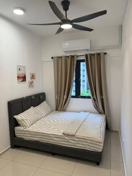 Bedroom features: queen-size bed with grey upholstered headboard, striped bedding, 2 bedside pillows, 1 wall-mounted split AC unit, 5-blade ceiling fan, floor-to-ceiling window, curtains in beige, white painted walls, light-colored tile flooring, decorative wall art; style: modern; view: city.