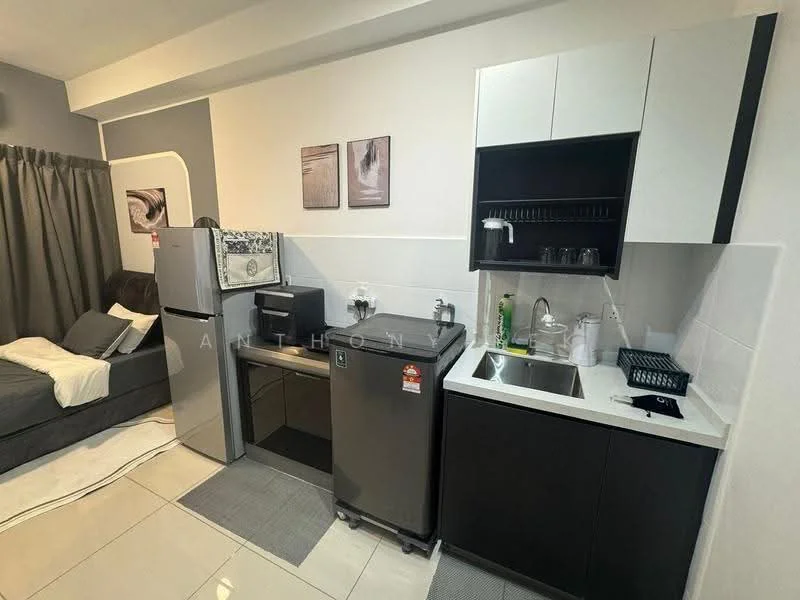 Kitchen features: white and black cabinetry, single-bowl stainless-steel sink, chrome pull-down faucet, black countertop, built-in microwave, stainless-steel fridge, mini fridge, glassware on shelf, tile backsplash, grey floor tiles, recessed downlights; style: modern. Living features: grey fabric sofa, white throw pillows, area rug, curtains, wall art, floor lamp; style: modern.