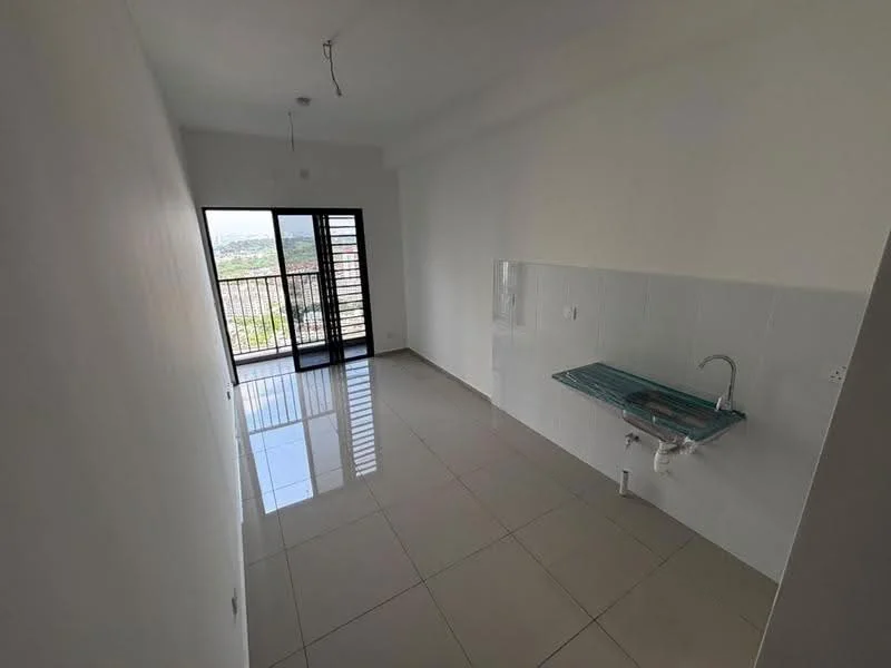 Room features: white painted walls, glossy ceramic tile flooring, floor-to-ceiling sliding glass door, balcony access, single-bowl stainless-steel sink, countertop with blue-green surface, wall-mounted faucet, recessed ceiling lights, open layout; style: modern; view: city.