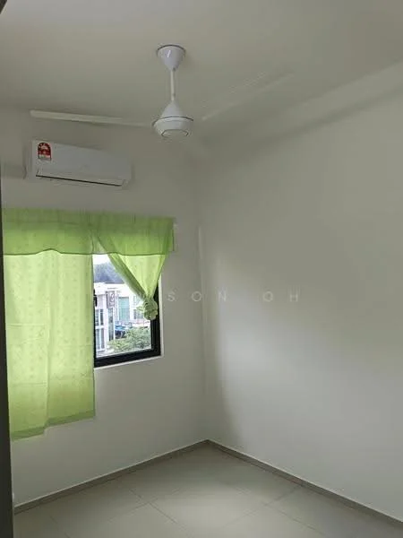 Bedroom features: white painted walls, ceiling fan, 1 wall-mounted split AC, green sheer curtains, black window frame, tile flooring.
