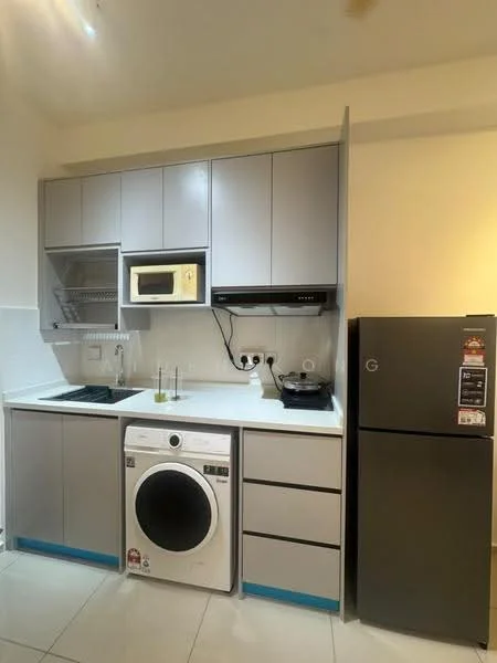 Kitchen features: grey cabinetry, white countertop, built-in microwave, stainless-steel fridge, front-load washing machine, 4-burner gas hob, stainless-steel range hood, ceramic tile flooring, white tiled backsplash, single-bowl stainless-steel sink, chrome pull-down faucet, open shelving; style: modern.