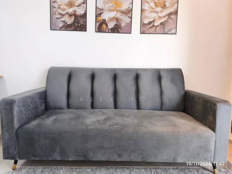 Living features: 3-seater fabric sofa in grey, framed artwork on wall, light-colored wall, area rug, wooden side table; style: modern.