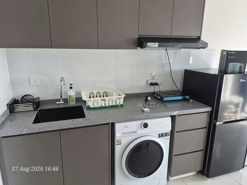 Laundry features: grey granite countertop, dark brown cabinetry, single-bowl stainless-steel sink, built-in washing machine, black refrigerator, white dish rack, wall-mounted shelf, tile backsplash, white walls, under-cabinet lighting; style: modern.