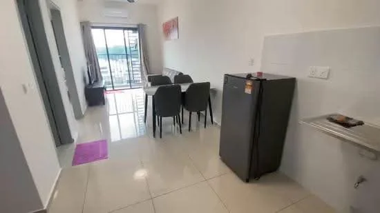 Kitchen features: grey fridge, white walls, glossy tile flooring, dining table with 6 chairs, sliding glass door, curtains, kitchen countertop, sink; style: modern; view: city.