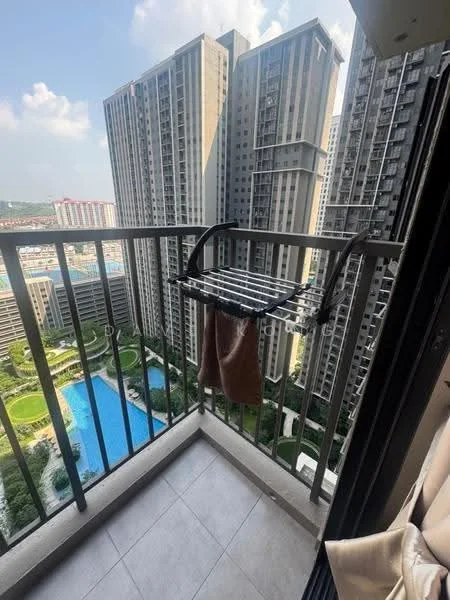 Balcony features: metal railing, tiled flooring, clothes drying rack, city view, pool view, high-rise building surroundings; style: modern; view: city.