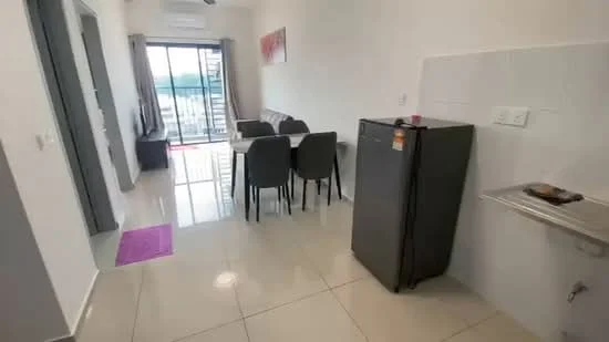 Living features: dining table with 6 chairs, sliding glass door, floor-to-ceiling windows, grey tiled flooring, refrigerator, kitchen countertop, wall-mounted air conditioning unit, decorative wall art; style: modern; view: city.