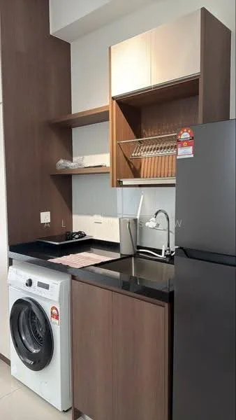 Laundry features: white front-load washing machine, black granite countertop, brown wooden cabinetry, open shelving above countertop, stainless-steel sink, chrome pull-down faucet, black refrigerator, dish rack above sink; style: modern.