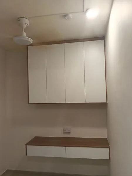 Room features: white cabinetry with flat-panel doors, wooden countertop, wall-mounted shelf, recessed ceiling lights, ceiling fan; style: modern.
