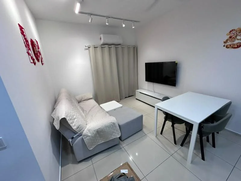 Living features: grey fabric sofa, white coffee table, white dining table, 4 dining chairs, wall-mounted TV, TV console, recessed ceiling lights, cream curtains, air conditioning unit, glossy tile flooring, white painted walls; style: modern.