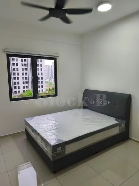Bedroom features: queen-size bed, upholstered headboard, 5-blade ceiling fan, floor-to-ceiling window, white painted walls, glossy tile flooring, roller blinds, LED ceiling light; style: modern; view: city.