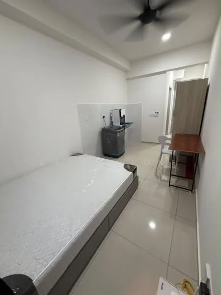 Bedroom features: queen-size bed, white mattress, grey bed frame, wall-mounted ceiling fan, white painted walls, glossy tile flooring, small dining table, plastic chair, built-in wardrobe, washing machine, countertop with sink; style: modern.