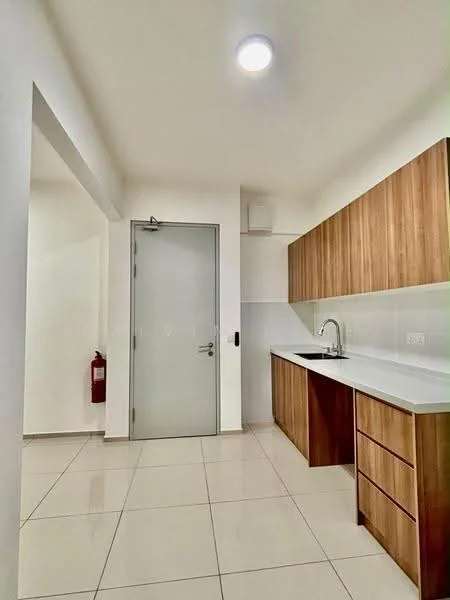 Kitchen features: white walls, light-colored cabinetry, wooden upper cabinets, white countertop, stainless-steel sink, chrome faucet, tile flooring, recessed ceiling light, fire extinguisher on wall, door leading to another room; style: modern.