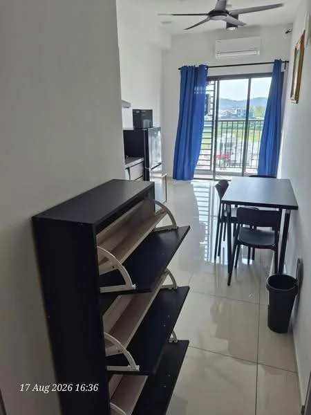 Room features: white painted walls, glossy tile flooring, 5-blade ceiling fan, wall-mounted split AC, floor-to-ceiling sliding glass door, blue curtains, black dining table, black chairs, black shelving unit, waste bin; style: modern; view: garden.