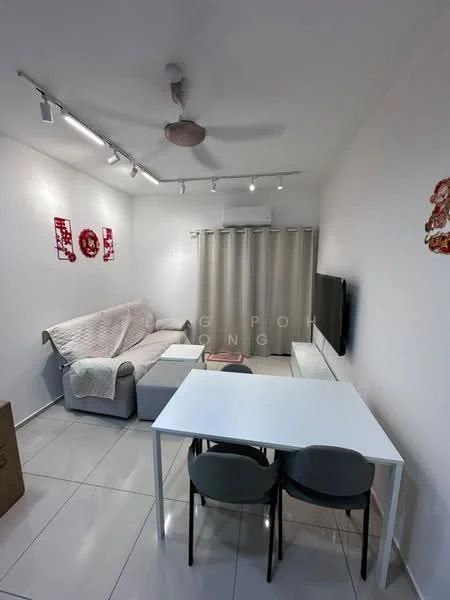 Living features: 3-seater fabric sofa in light grey, white coffee table, 2 grey upholstered dining chairs, wall-mounted TV, recessed LED downlights, ceiling fan, white painted walls, glossy white tile flooring, curtains, decorative wall art, air conditioning unit; style: modern.