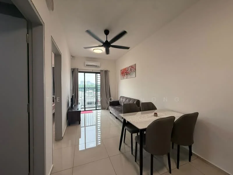 Living features: 3-seater fabric sofa in grey, ceiling fan with light, wall-mounted TV, dining table with 4 chairs, sliding glass door, floor-to-ceiling windows, curtains, polished ceramic tile flooring, decorative artwork on wall, air conditioning unit; style: modern; view: city.