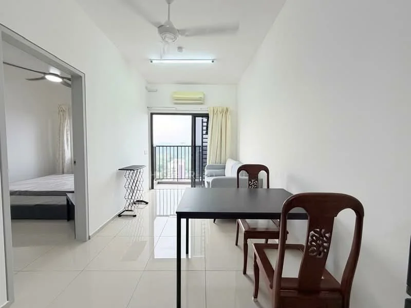 Living features: white painted walls, glossy tile flooring, 5-blade ceiling fan with light, floor-to-ceiling windows, curtains, sofa in grey, dining table in black, 2 wooden chairs, side table, air conditioning unit; style: modern; view: city.