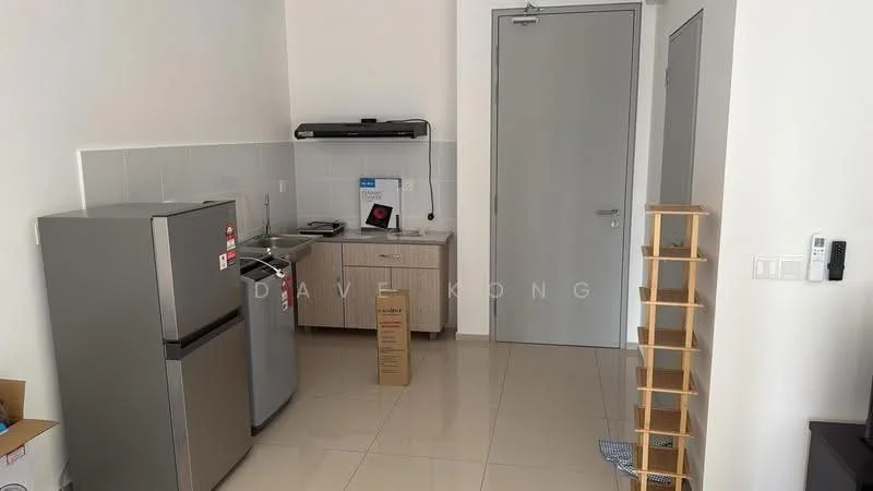 Kitchen features: stainless-steel fridge, built-in oven, microwave, kitchen cabinetry with wood finish, white tiled backsplash, grey countertop, single-bowl stainless-steel sink, chrome pull-down faucet, ceramic tile flooring, wall-mounted range hood, open shelving, door to hallway; style: modern.
