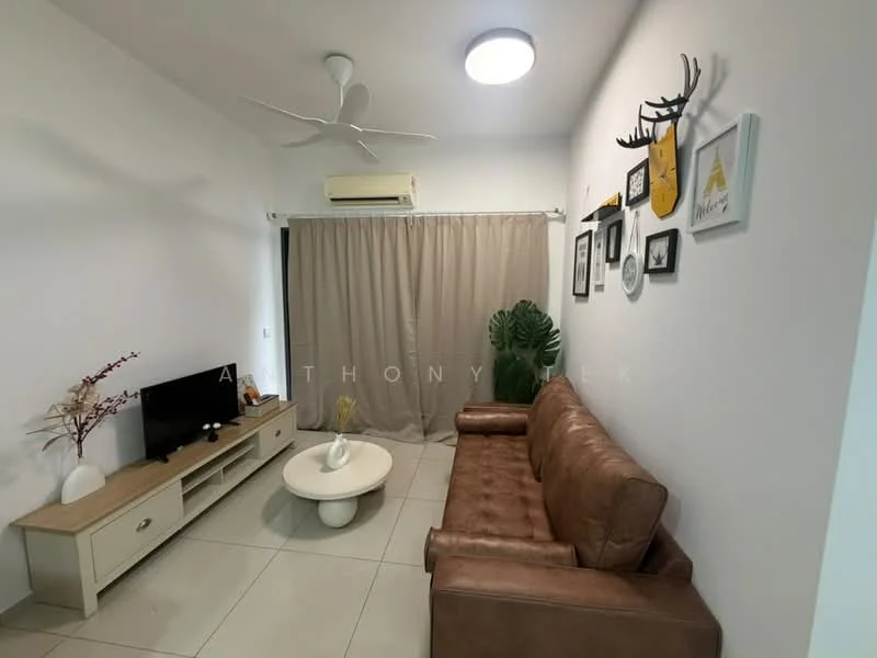 Living features: 3-seater brown leather sofa, white round coffee table, TV console with storage, wall-mounted TV, ceiling fan with light, curtains, decorative wall art, indoor plant, white tiled flooring, air conditioning unit; style: modern.