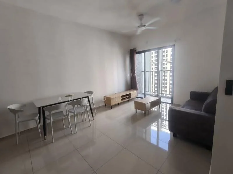 Living features: white painted walls, glossy tile flooring, 5-blade ceiling fan, floor-to-ceiling windows, sliding glass door, grey fabric sofa, wooden TV console, 6-seater dining table, white dining chairs, natural light from windows; style: modern; view: city.
